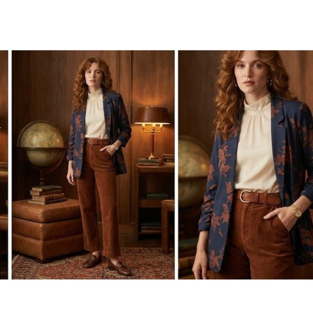 Vintage 90s y2KSkies Are Blue Navy Blue Floral Open Front Blazer Jacket Small